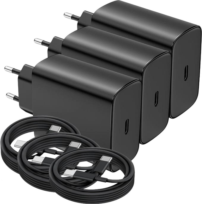 USB C Snellader 45W + USB-C Kabel 3M - 3 Pack - Oplader - Fast Charger USB-C-Adapter - Zwart