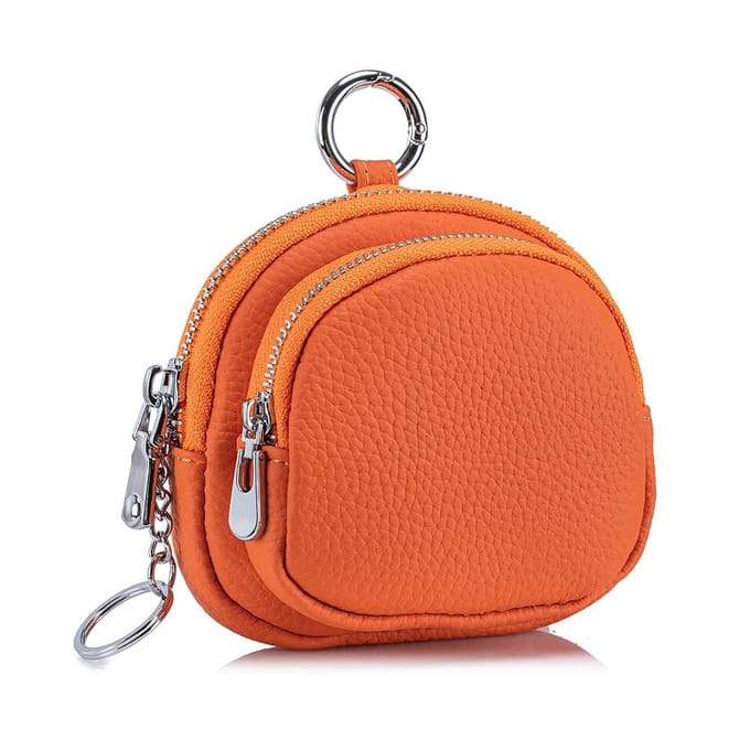 Echt Leer Rond Dubbele Rits Ophanglus Sleutelhanger Portemonneetje - Premium Draagbare Munt Organizer met Sleutelhanger