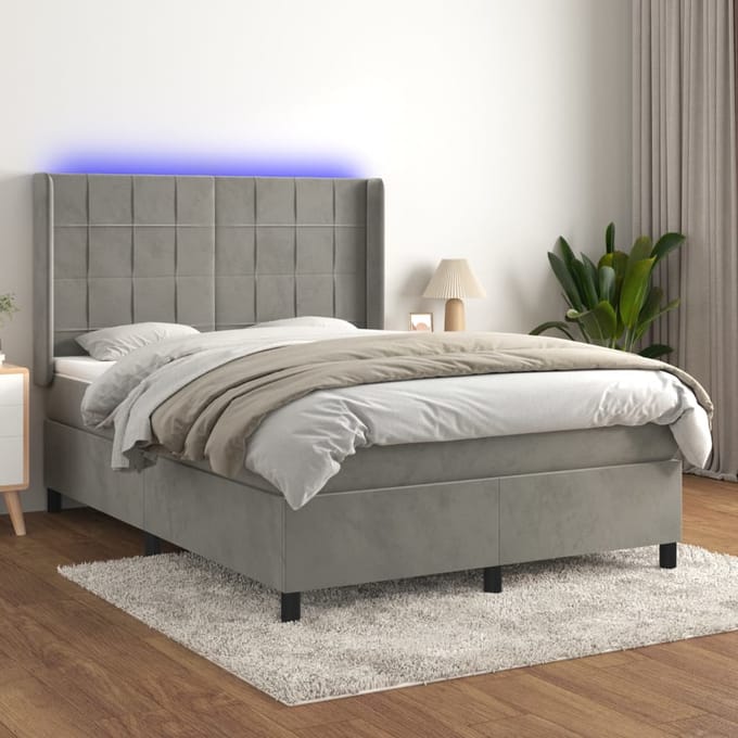 vidaXL - Boxspring - met - matras - en - LED - fluweel - lichtgrijs - 140x190 - cm