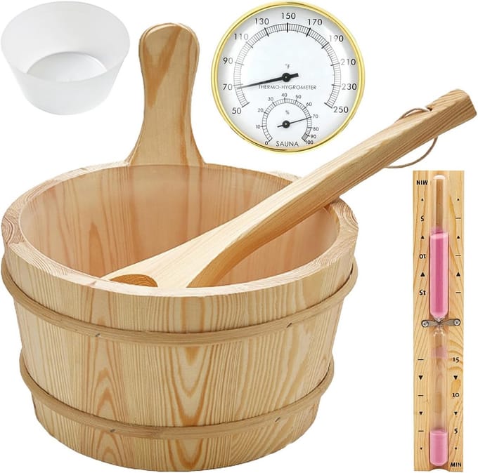 Complete Sauna Emmer Set met Schep, Zandloper, Thermo- en Hygrometer (4 Liter)