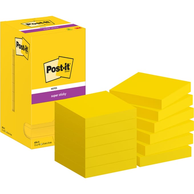 Post-it Super Sticky notes, 90 vel, ft 76 x 76 mm, pak van 12 blokken, neongeel