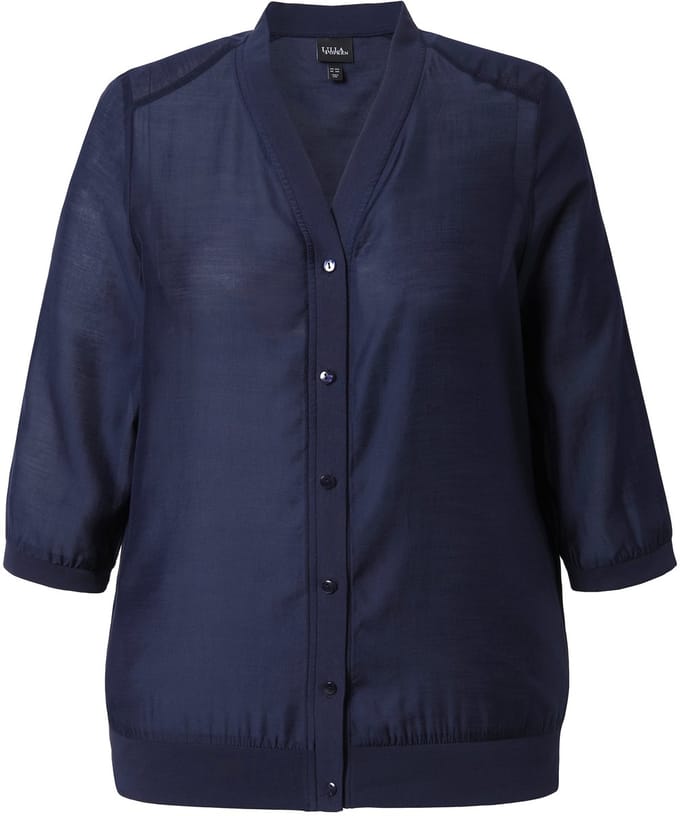 Ulla Popken - Dames - Blouson licht transparant V-hals 3/4-mouwen - Marine - Maat 42+