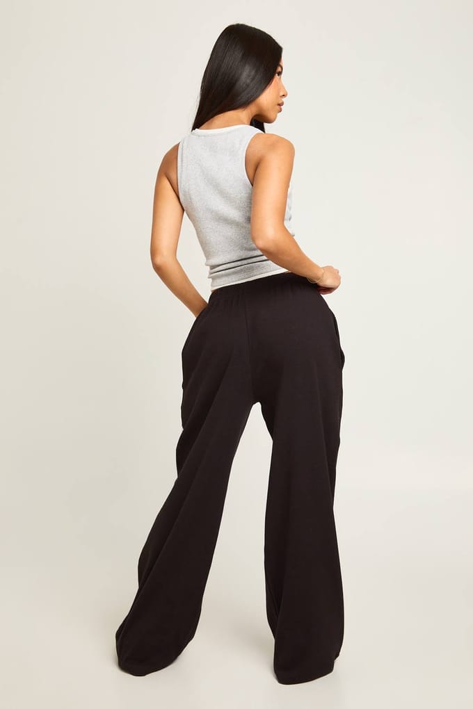 boohoo Dames Petite Rib wijde pijpenbroek | Zwart | Maat: 44