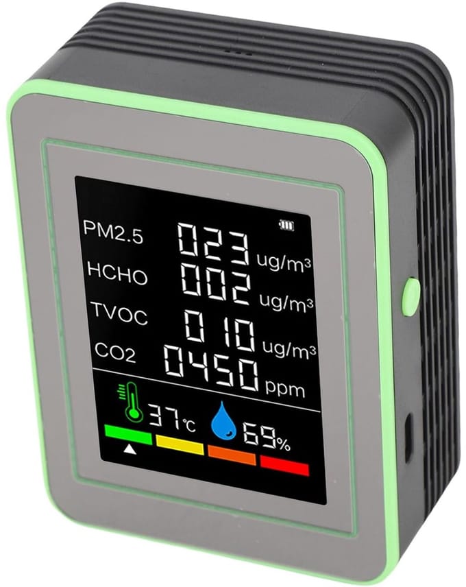 Luchtkwaliteitsmeter - Binnenlucht Tester - Gezond Wonen - 6 in 1 Functies - Draagbaar Batterij - Wit Groen