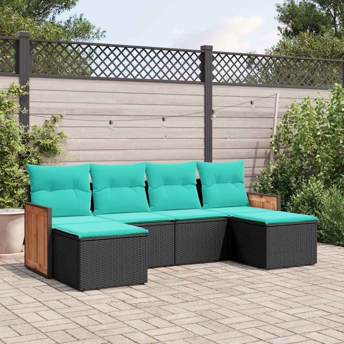 vidaXL - 6-delige - tuinbankset - met - kussens - van - zwart - polyrotan