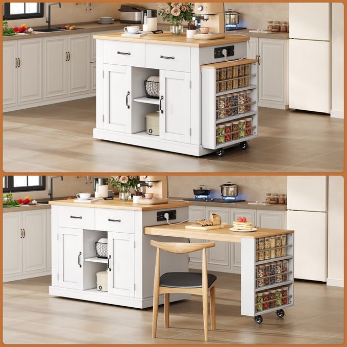 Mobiel Keukeneiland - Uitschuifbare Eettafel + Klapbare Bartafel + 7 Rollen + Verstelbare Opbergplanken - 132(235)×60×93 cm - MDF - Naturel