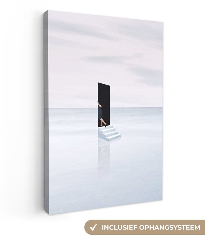 Canvas - Abstract - Man - Deur - Trap - Wit - Abstracte - 20x30 cm - Canvasdoek - Schilderij