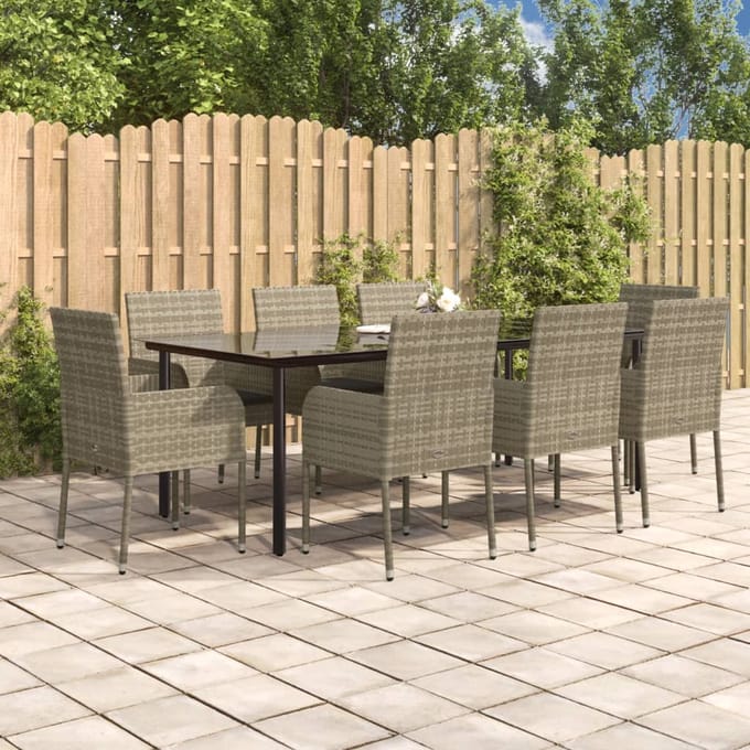 vidaXL - 9-delige - Tuinset - met - kussens - poly - rattan - zwart - en - grijs