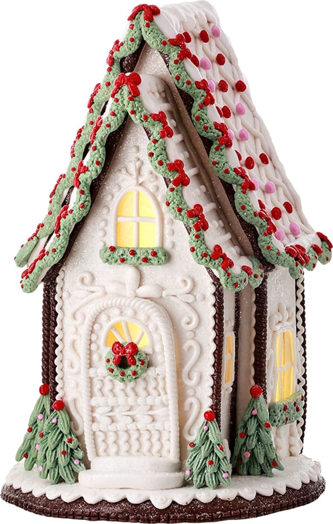 Viv! Christmas Kerstbeeld - A-Frame Gingerbread Huis incl. LED Verlichting - wit groen rood - 33cm
