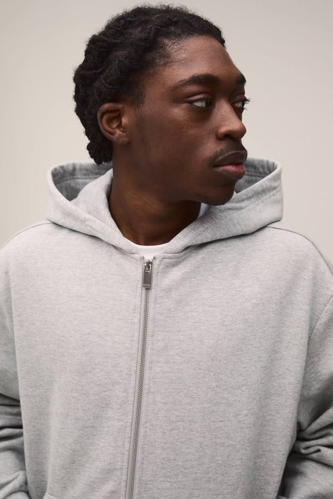 500GSM Heavyweight Oversized Boxy Zip Through Hoodie | Grey Marl | Size Medium