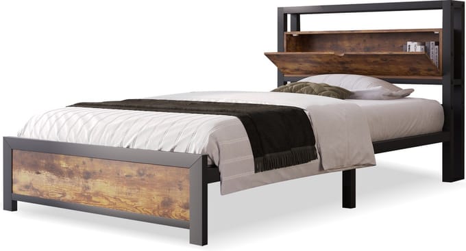 Merax Eenpersoonsbed 90x200 - Bed met Opbergruimte & Metalen Bedframe - Hout/Metaal