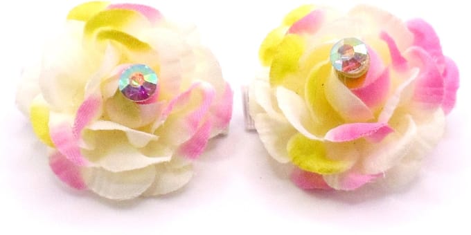 2 roosjes klein met duckklem creme-groen-roze met diamant