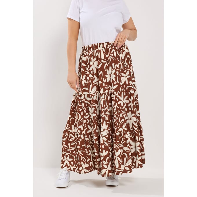 Yours Bruine Gelaagde Rok Met Abstracte Bloemenprint Size 48