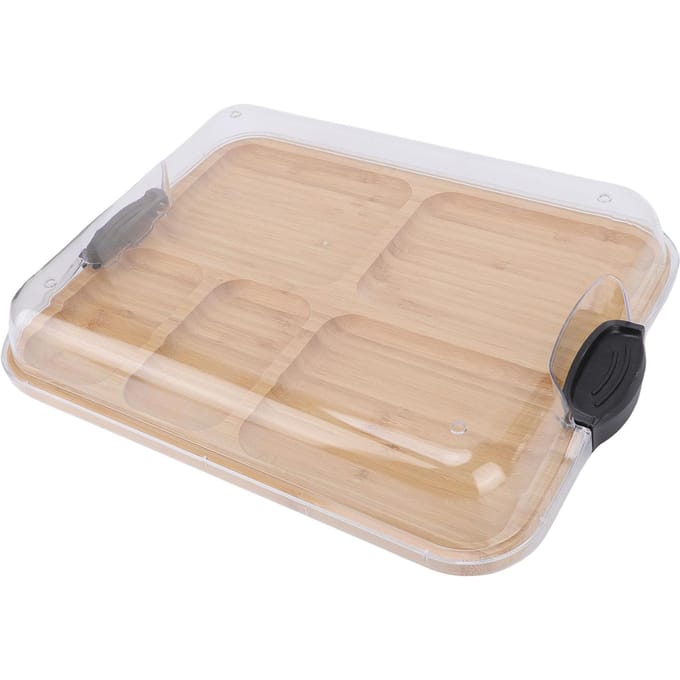 Charcuterieplank met Transparant Deksel 5 Vakken Houten Kaasplank voor Serveren Picknicks beige