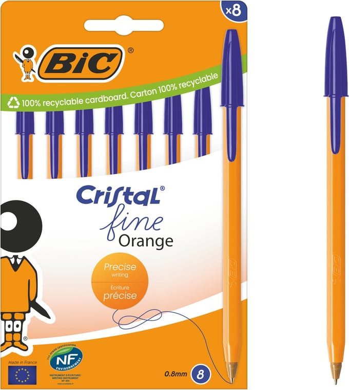 BIC Cristal Orange Original Fine Balpennen Set van 8 Stuks Beschrijving: