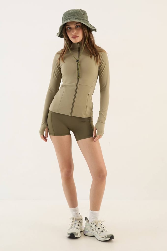 Dames Dsgn Studio Sculpt Doorritssluiting Top Met Korte Mouwen | Washed Khaki | Maat: Medium