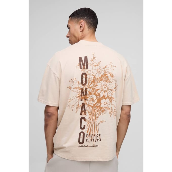 Oversized Extended Neck Monaco Floral Printed T-Shirt | Sand | Size Medium