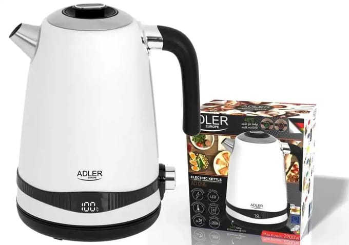 Adler Elektrische waterkoker AD 1295 1,7L Staal Wit LCD Temperatuurregeling Warmteondersteuning