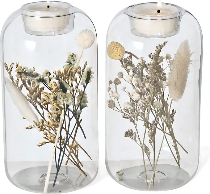 Waxinelichthouder Droogbloemen set van 2