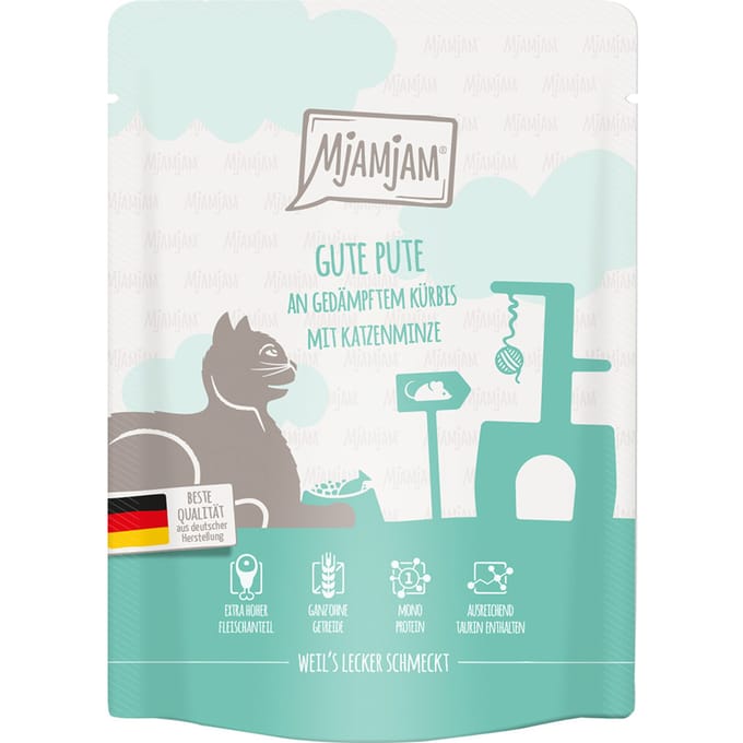 24x 300g MjAMjAM Squeeze goede kalkoen op gestoomde pompoen kattenvoer nat