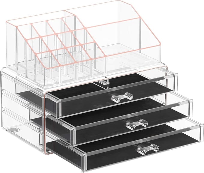 Make-up organizer met 3 lades en 15 vakken in transparant roségoud