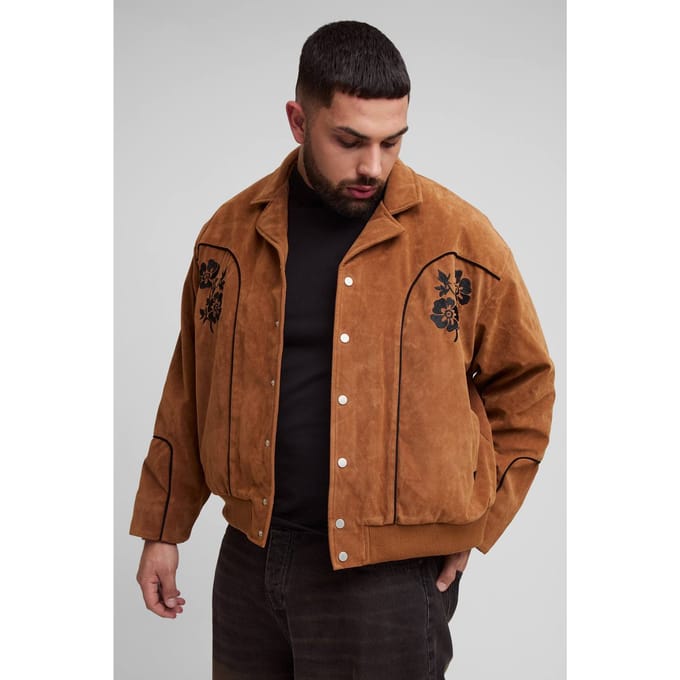 Plus Kunstsuède Geborduurde Oversized Boxy Fit Western Jas | Tan | Size 2XL