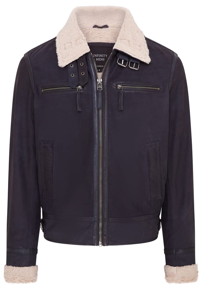 Heren blauw echt schaap suède bomber pilotenjack - Sandnes