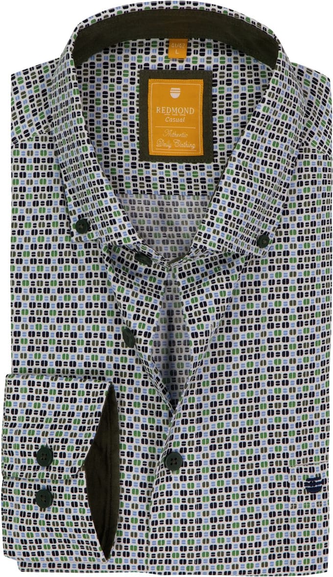 Redmond modern fit overhemd - popeline - wit met groen en blauw dessin