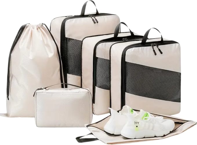 Nivard Koffer Organizer Set - Packing Cubes - Compressie - Travel - Compression - Set - Beige