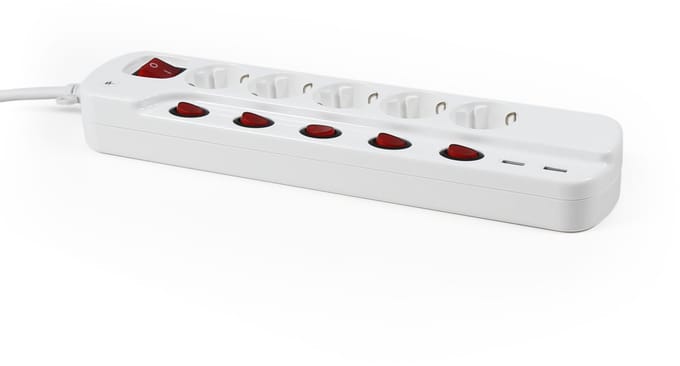 McPower Stekkerdoos met schakelaar - Verdeeldoos 5-voudig - 2 USB A laadpoort - Verdeelstekker met 1.5 meter kabel - Wit