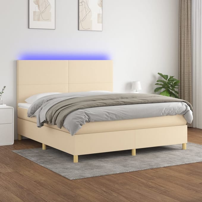vidaXL - Boxspring - met - matras - en - LED - stof - crèmekleurig - 180x200 - cm