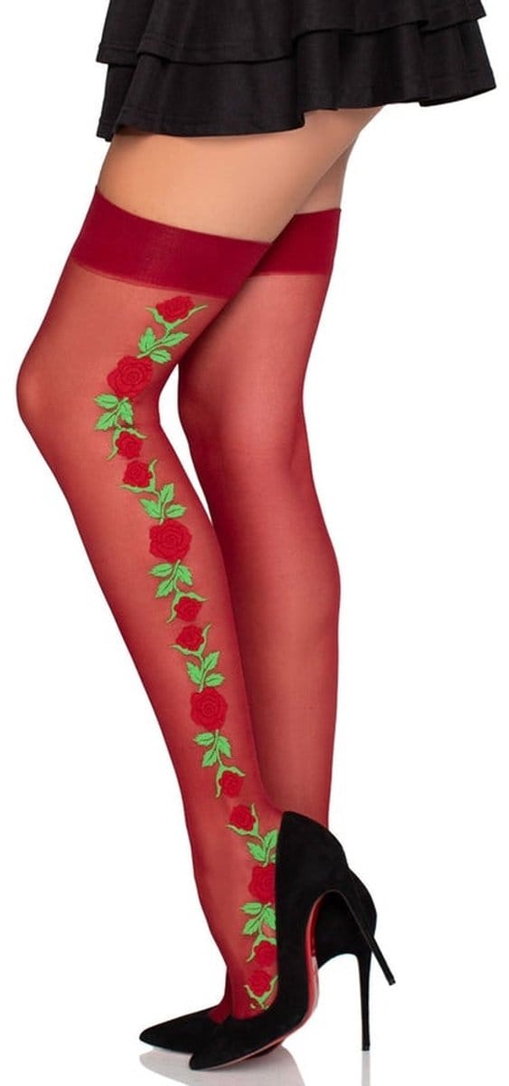 Leg Avenue - 1957 Garter Belt Stockings With Red Flowers - One Size