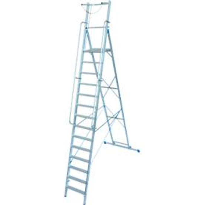 Aluminium trapladder, met groot platform, met veiligheidsbeugel en ketting, 14 treden