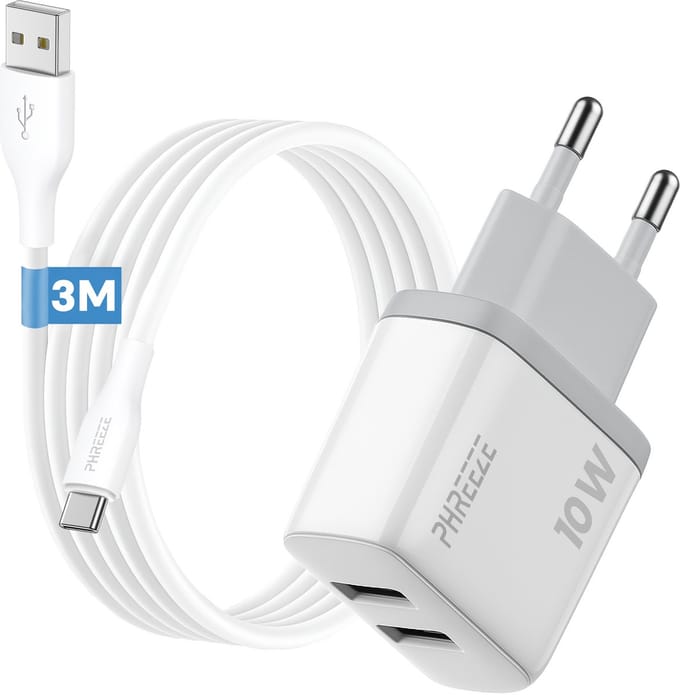 Phreeze usb oplader 2.4 A - Usb naar usb C kabel - 3 meter - Dubbele usb poort lader voor draadloze speaker koptelefoon powerbank smartphone tablet ereader