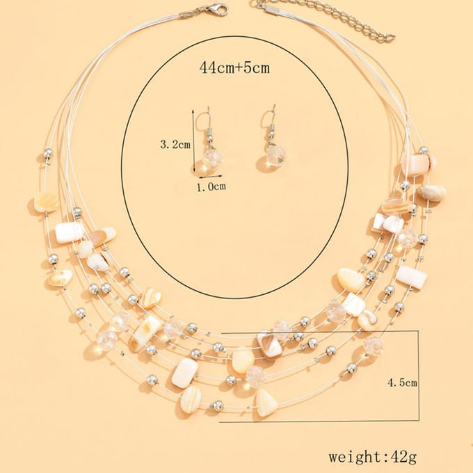 Ensemble de boucles d'oreilles et collier multicouches mixtes en coquillage de cristal, collier de perles en corde de poisson multicouche pour dames noir