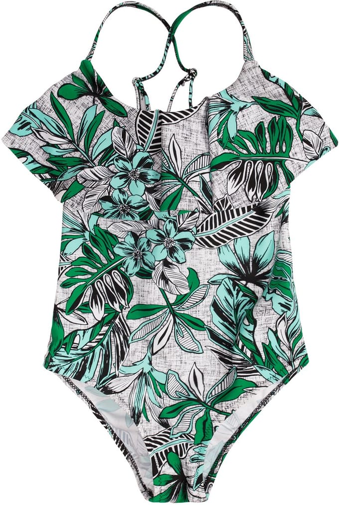 Badpak met volant voorkant - Jungle bloemen 128-134