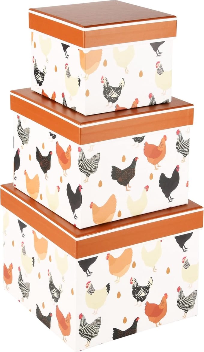 Dekoratief | Set 3 dozen vierkant 'Chickens Around', bruin/wit, 19x19x14cm | A230234
