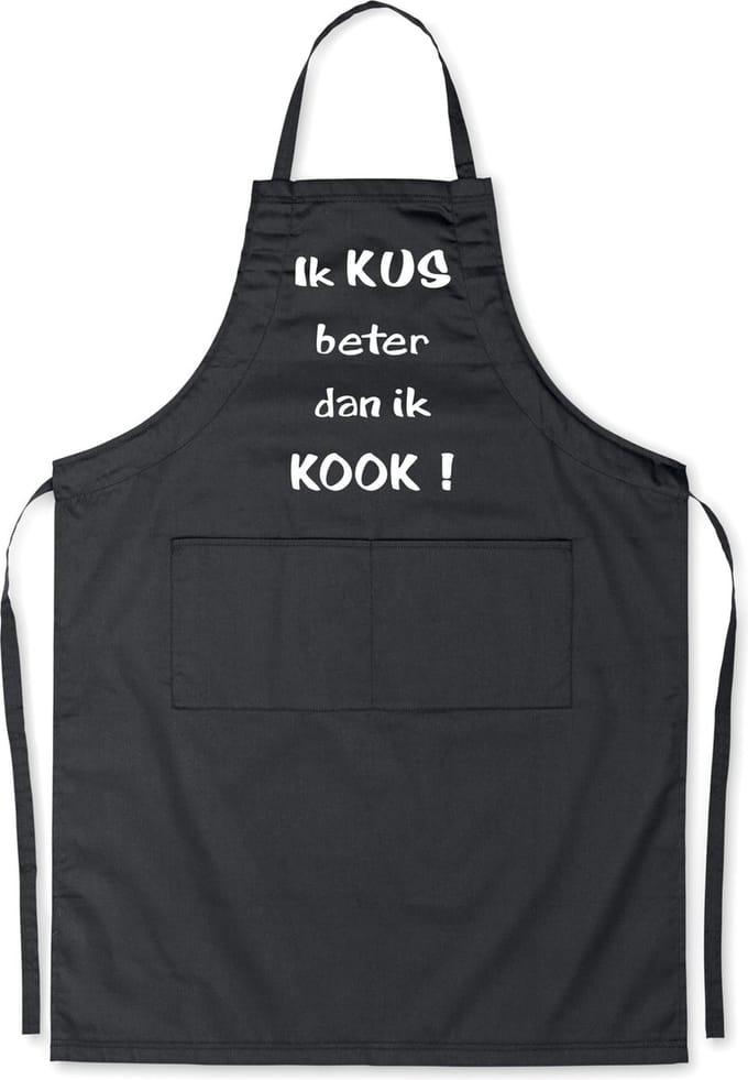 Benza Schort Ik KUS beter dan ik KOOK! - Grappige/Leuke/Mooie/Luxe Keukenschort - Zwart