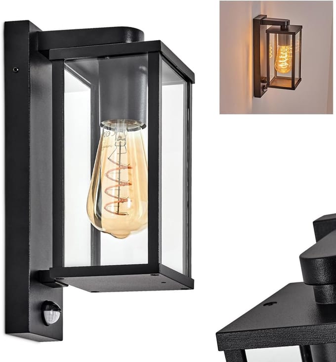 Moderne Zwarte Buitenwandlamp met Bewegingsmelder - IP44 - E27 Fitting