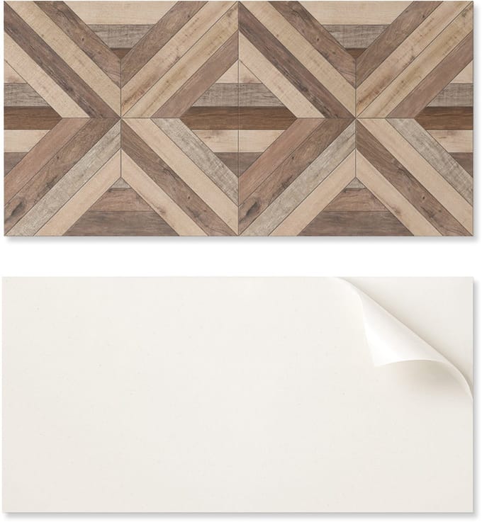 Zelfklevend PVC-eetkamerpaneel met afbeelding, 100x50 cm, met houten paneelpatroon.