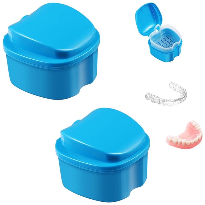 2-pack prothesedoos, prothesebeker met filter, prothesebewaardoos, prothesebeker met filter voor het weken van prothesen (blauw)