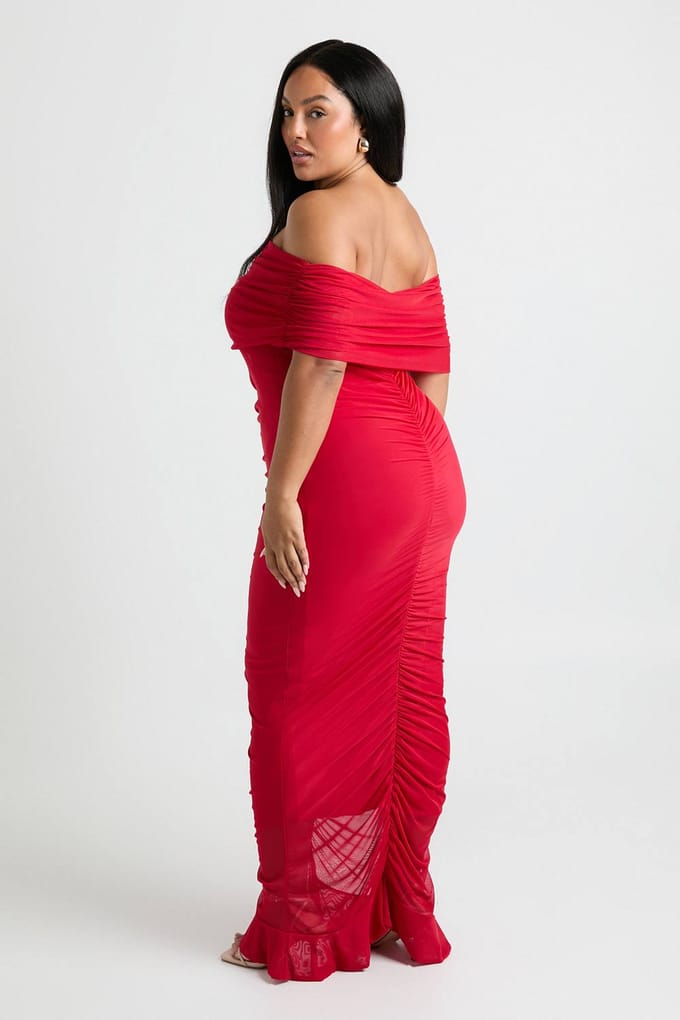 boohoo Dames Plus Mesh Bardot geraffeld maxi-jurk | Red | Maat: 22
