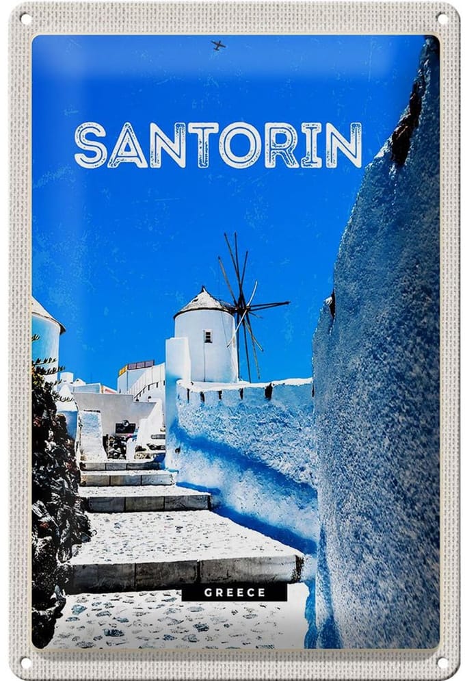 Blechschild Reise 20x30cm Santorini Griechenland weiße Treppen