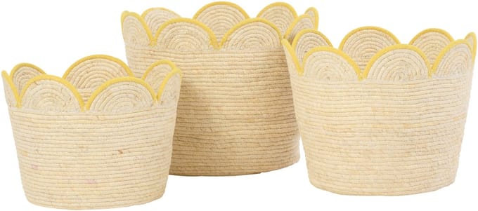 J-Line mand Bloem Maïskaf - riet - naturel/geel - set van 3
