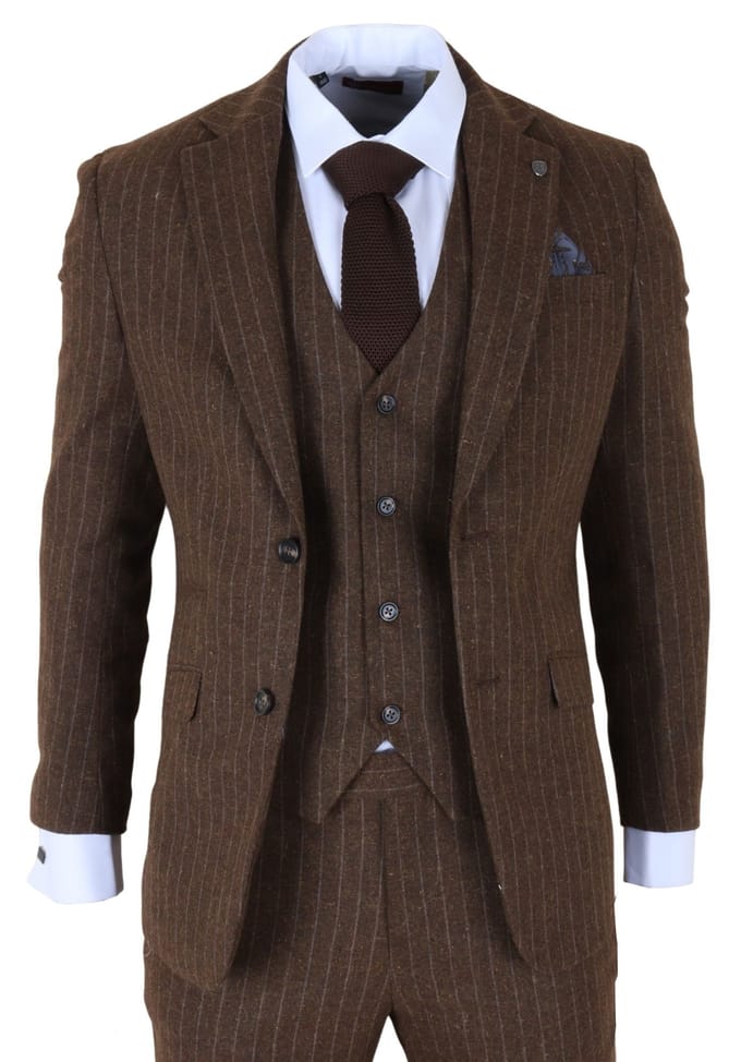Bruin krijtstreep 3-delig slim fit formeel dinerpak voor heren