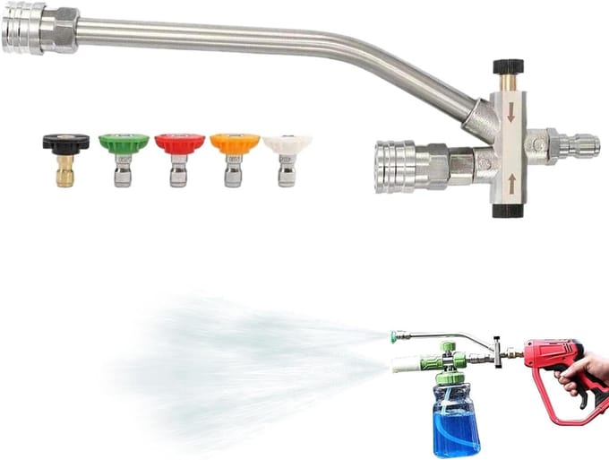 Dubbele Hogedrukkop - Schuimkanon Adapter - Efficiënt Reinigen - Vijf Sproeiopties - 1/4 inch Snelkoppeling - Metaal