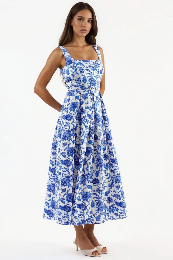 Bloemen Midi-jurk met Vierkante Kraag