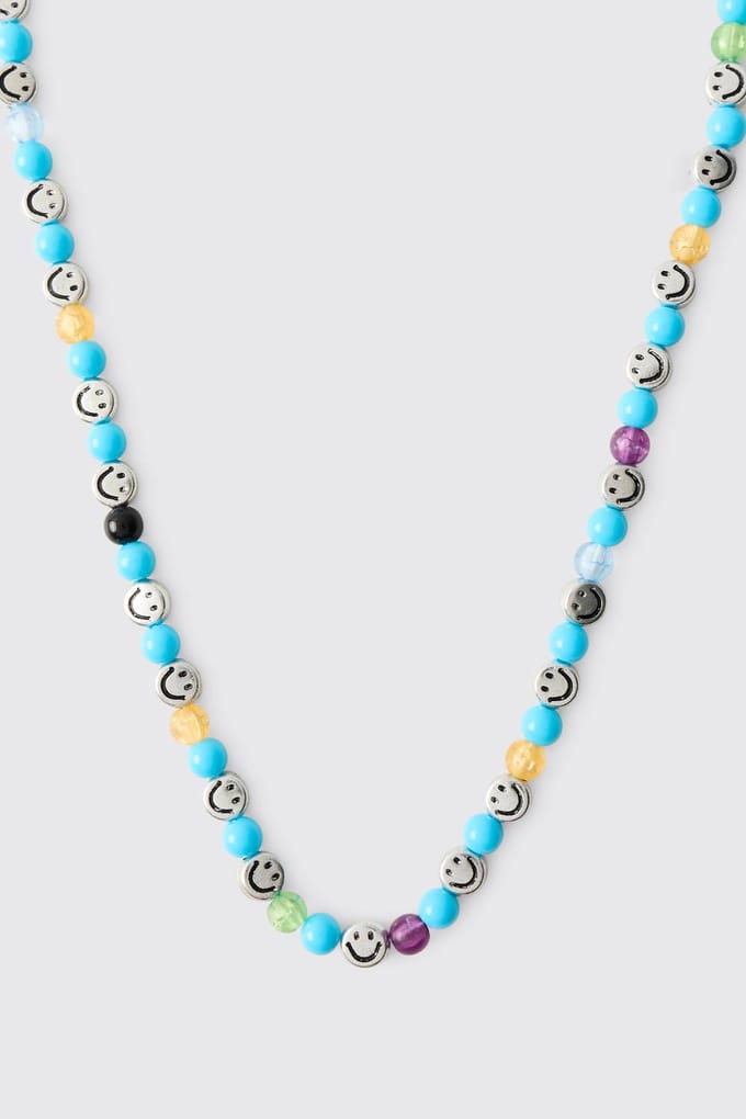 Blue Beaded Necklace with Silver Smiley Face Charms