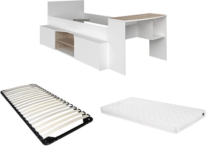 Vente-unique Combinatiebed hout natuurlijk licht, wit 90 x 190 cm, 90 x 200 cm