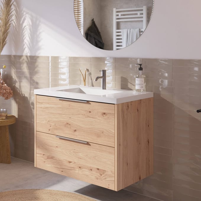 Saqu Lima Badkamermeubel Set - 80x51,5 cm - Voorgemonteerd - Eiken - Wastafelmeubel - Badmeubel